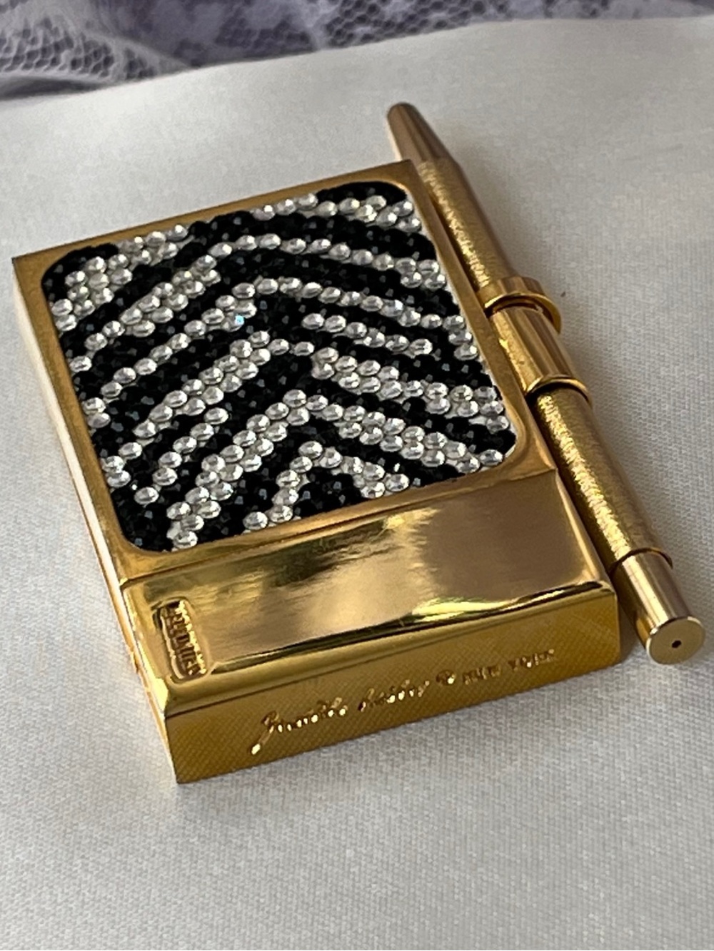 Judith Leiber Gold Black & White Crystal Chevron mini notebook, EUC